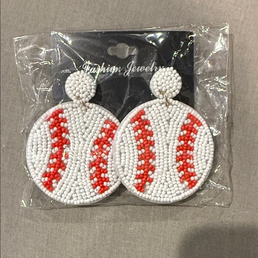 Beaded Baseball Drop Earrings - White and Red